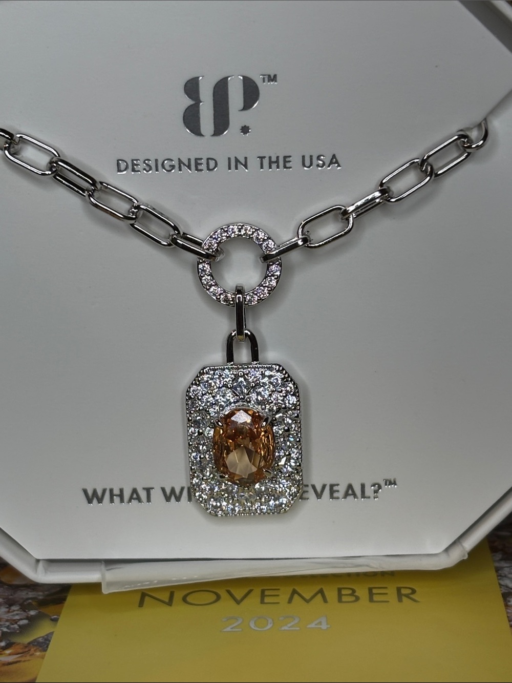 November Silver-Tone Chain Necklace with Amber Center Stone and Pavé Halo